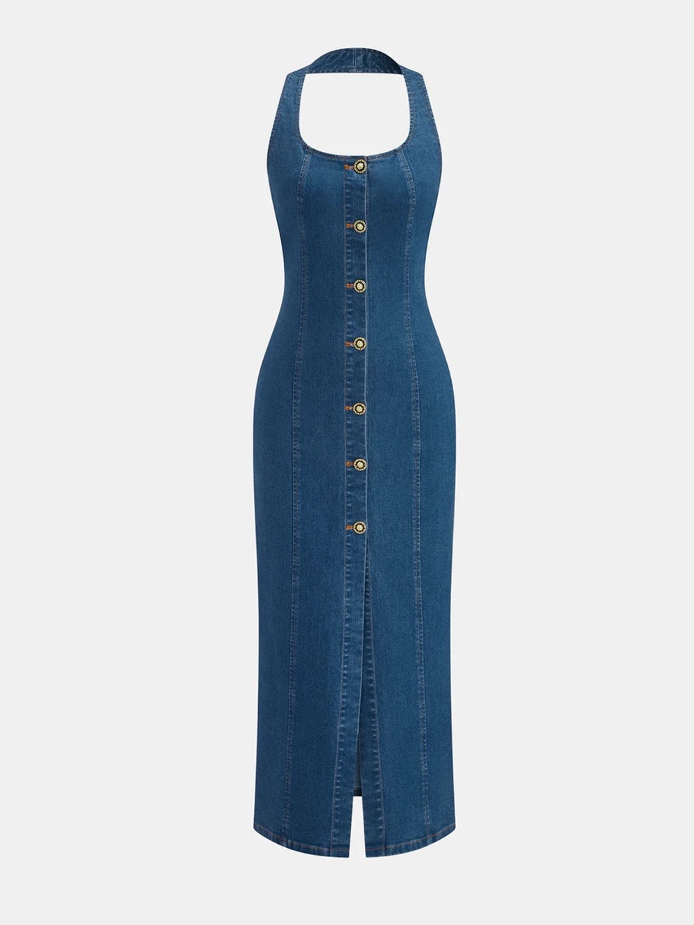 Commense Denim Button-Front Halter Maxi Dress - Blue - Picture 4 of 7